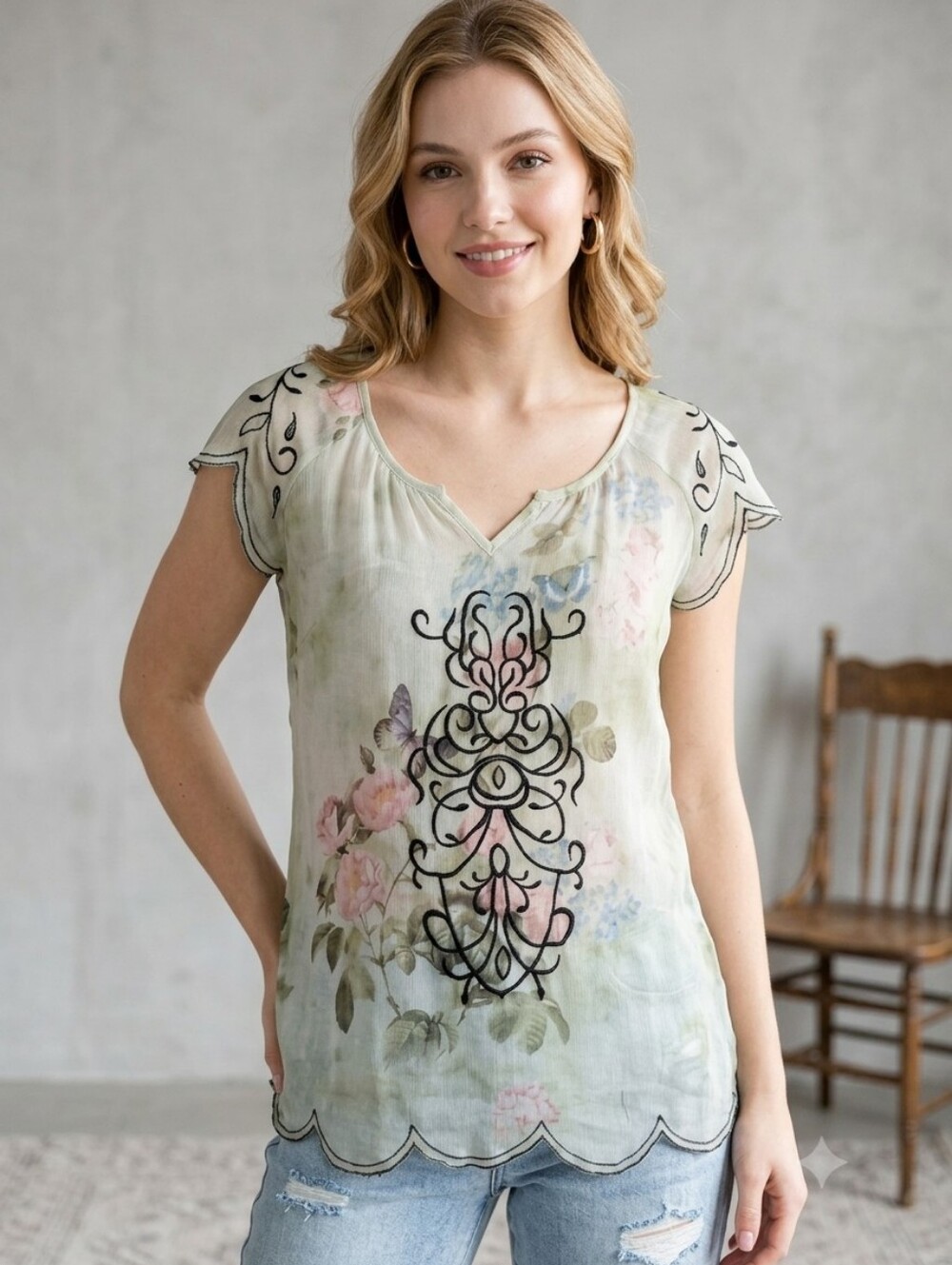 Mushka Sienna Rose Sage Green Floral Butterfly Embroidered Scalloped Blouse Med